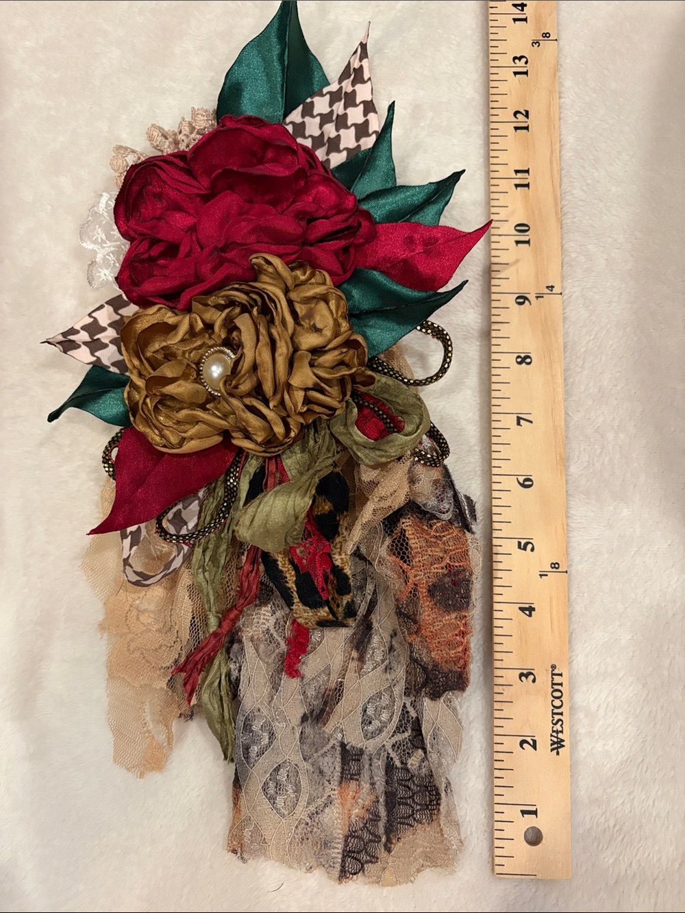 Handmade Floral Fabric Flower Brooch Pin - Red, Green & Gold